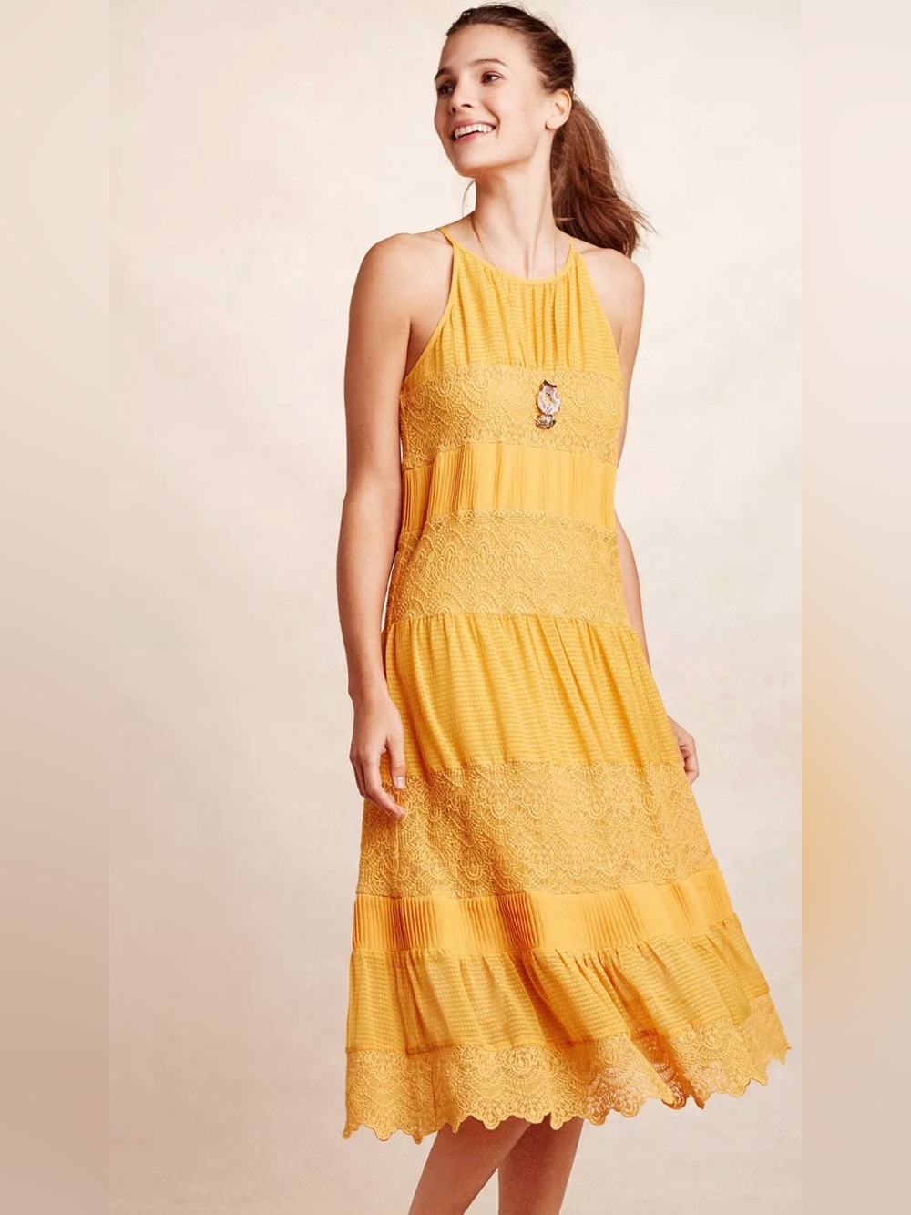Anthropologie – HD in Paris Villanelle Lace Dress – Yellow Tiered Midi – Medium